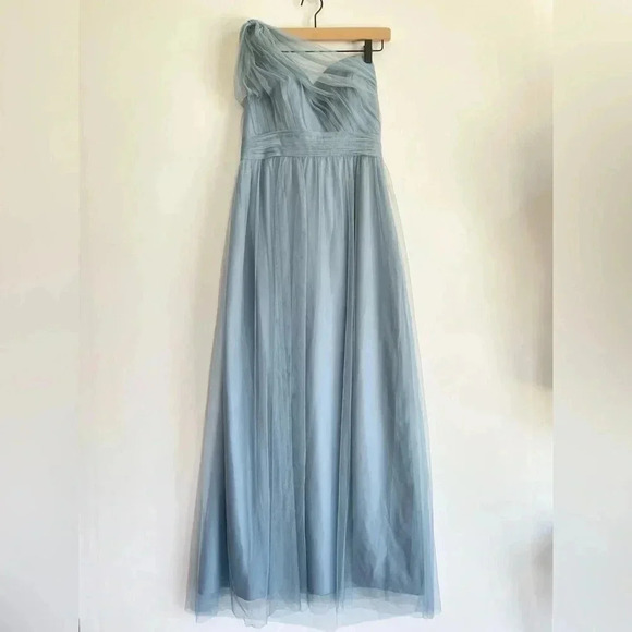 Revelry Belle Tulle Blue Gray Maxi Bridesmaid Wedding Dress One Shoulder Formal - Picture 2 of 15